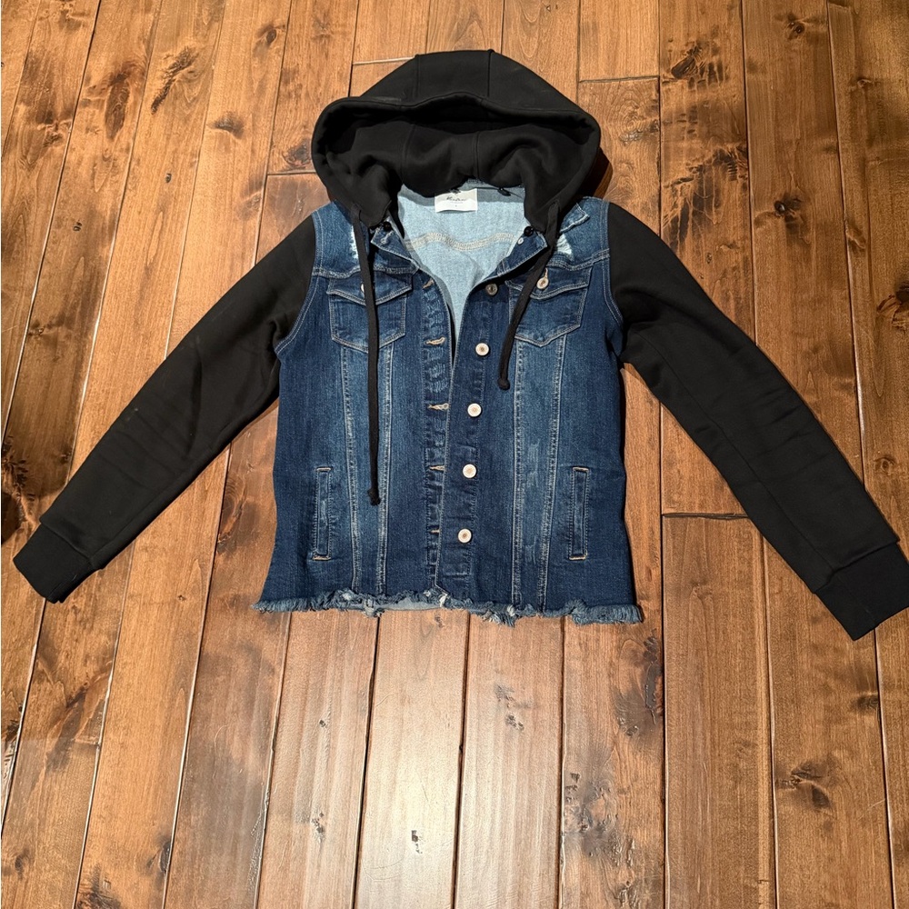 KanCan Denim Jacket with Black Hood and Sleeves